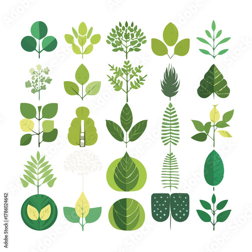 Collection of stylized green leaf and tree icons representing nature and growth.