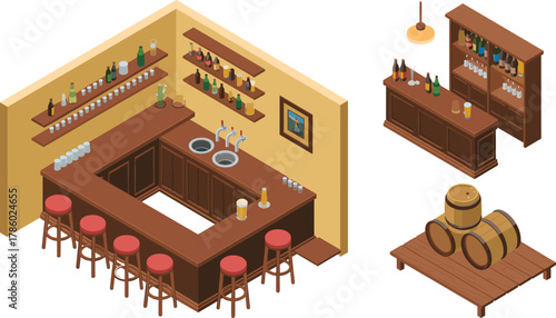 Isometric 3D illustration of a rustic pub interior with wooden bar counter, beer taps, stools, liquor bottles, and barrels