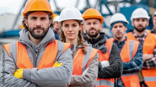 Group of construction workers in safety gear and orange hardhats demonstrating unity and readiness standing at an active construction site