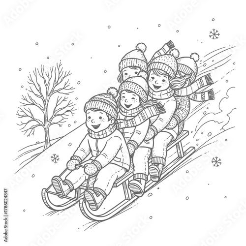 A joyful group of children wearing warm winter clothing sleds down a snow-covered hill, enjoying a classic cold weather activity with falling snowflakes.