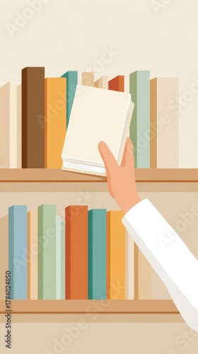 Hand reaching for a book on a colorful shelf