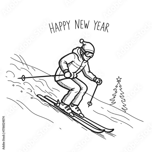 A hand-drawn sketch depicts a person joyfully skiing down a snowy mountain slope, celebrating the festive 'Happy New Year' season with winter sports.