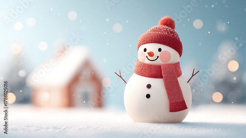 Cheerful snowman in winter landscape