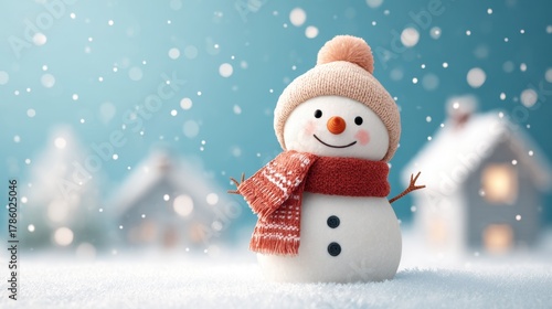 Cheerful snowman in winter landscape