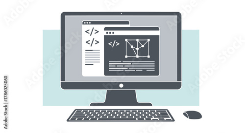 Computer screen displaying code and a geometric design representing software development and graphic design