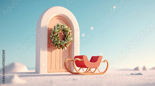 Festive door with sleigh in a snowy landscape