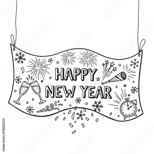 A festive hand-drawn 'Happy New Year' banner, adorned with sparkling fireworks, clinking champagne flutes, and falling confetti, perfect for holiday greetings and party designs.