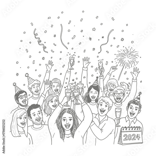 A diverse group of joyful friends celebrates the arrival of 2024 with festive champagne toasts, falling confetti, party hats, and a vibrant sense of unity.