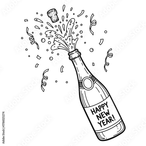 A champagne bottle pops open with a flying cork and splashing liquid, surrounded by confetti, celebrating a joyful New Year.