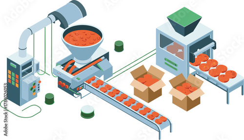 Isometric illustration of automated tomato processing factory, industrial conveyor belt system packaging fresh tomato slices, modern food production and manufacturing technology