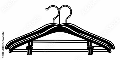 Illustration of two black clothes hangers with clips for hanging pants and skirts in a closet space