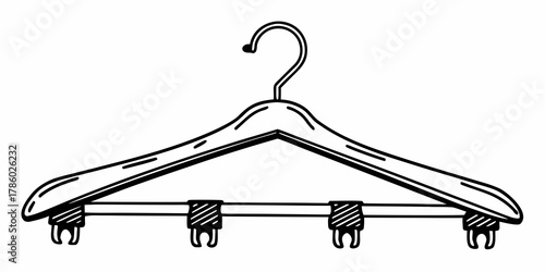 Illustration of a wooden clothes hanger with four clips and a metal hook on a white background
