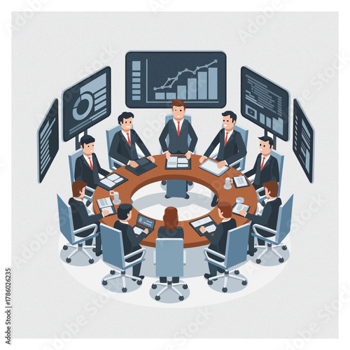 Business roundtable discussion illustration, flat design vector, modern corporate style	