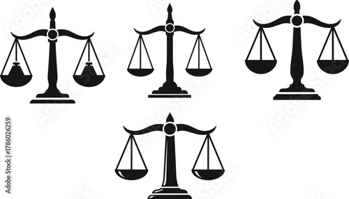 Silhouette vector illustration of balance scales showing justice, comparison, equality, imbalance, legal symbolism, decision-making, fairness, law, judgment, equilibrium
