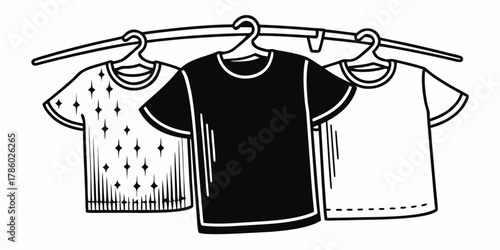 Three t shirts hanging on a clothes rack with different designs and colors in a line illustration style