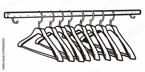 Illustration of a closet rod with several hangers hanging from it in a black and white drawing style
