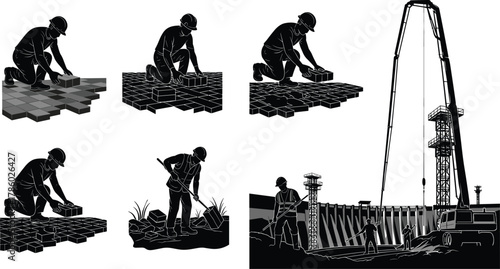 Silhouette vector illustration of construction workers laying bricks, paving tiles, using tools, operating machinery, teamwork, safety, labor, site, industry