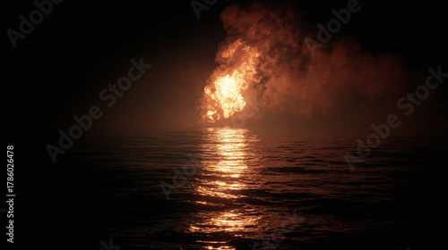 An intense, firey scene where flames meet the water at night. The fire casts a vibrant, and dangerous reflection onto the surface of the water, a stark contrast against the darkness