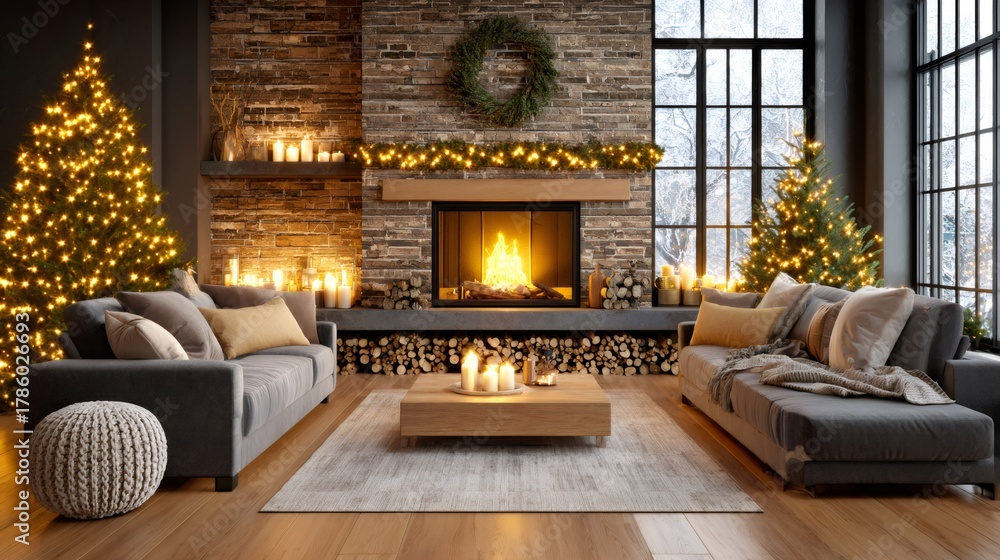 Naklejka premium Cozy christmas living room with fireplace and festive decor