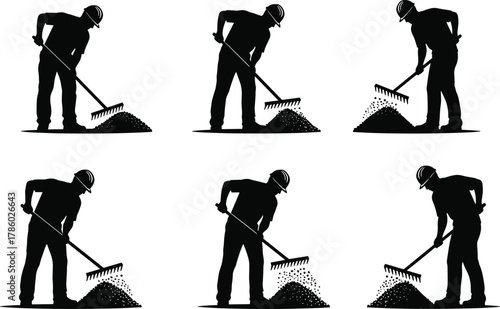 Silhouette vector illustration of construction workers raking gravel or soil, leveling ground, performing manual labor, teamwork, safety, tools, site, industry