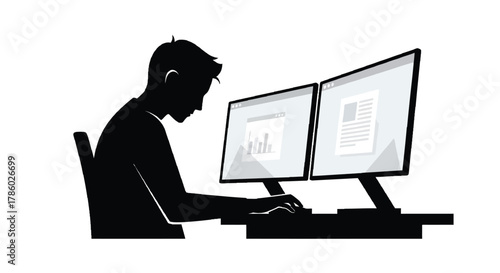 Silhouette of a person working diligently on a dual monitor computer setup displaying charts and text