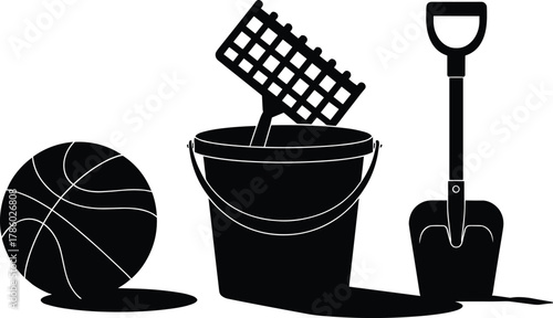Basketball, bucket, rake, and shovel silhouettes vector illustration for outdoor play, beach fun, sports recreation, summer vacation, leisure design inspiration content