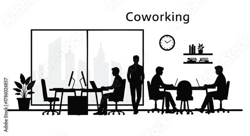 Silhouettes of people working in a modern coworking space with city skyline visible through large windows