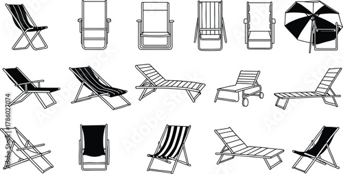 Beach and lounge chair silhouettes with umbrella, various designs and orientations vector illustration for summer vacation, tourism, leisure, holiday travel lifestyle inspiration content