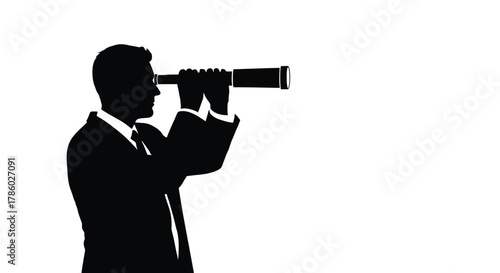 Silhouette of a businessman in a suit looking through a telescope for future opportunities and success