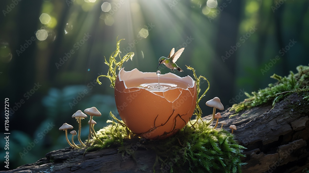 Fototapeta premium Hummingbird sips water from a cracked eggshell in sunlit forest