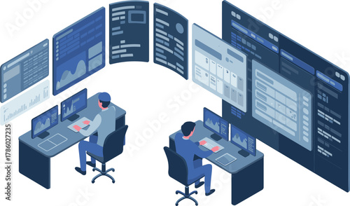 Isometric illustration of cybersecurity operations center with professionals monitoring multiple screens, data analytics, digital security, and system protection technology