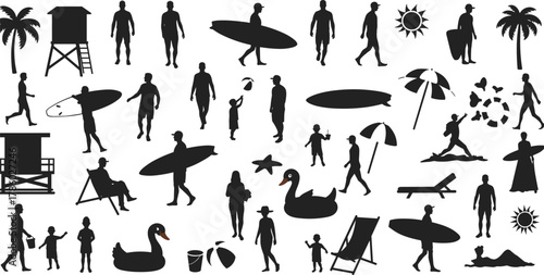 Beach and summer activity silhouettes, tropical vacation vector illustration, people surfing walking relaxing, leisure lifestyle icons, coastal design concept, black silhouette art set