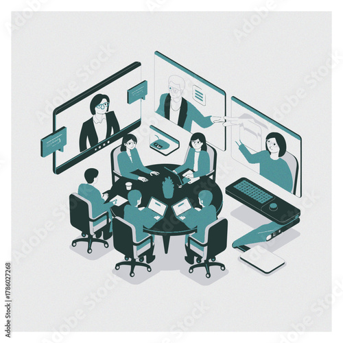 Business roundtable discussion illustration, flat design vector, modern corporate style	