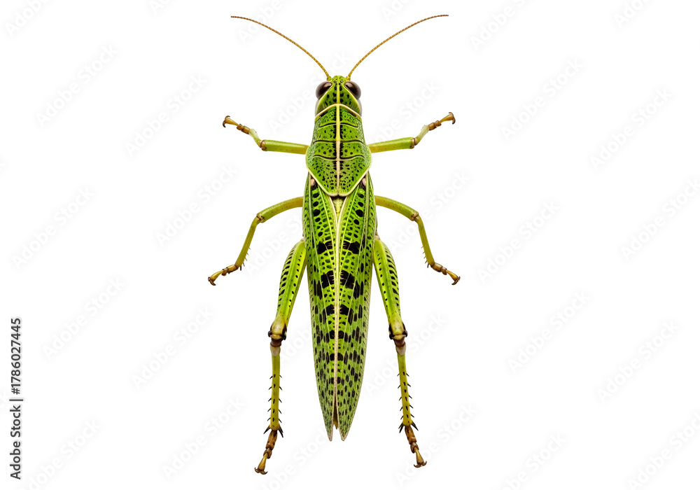 Fototapeta premium A detailed close-up of a vibrant green locust, highlighted against a striking black backdrop, showcasing intricate patterns and meticulous detail.