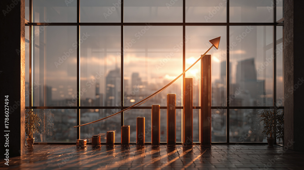 Fototapeta premium A graph demonstrating business growth, with the sun rising behind a cityscape and shining through a window