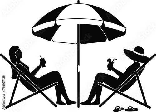 Beach chair with umbrella silhouettes, people relaxing vector illustration, tropical vacation design, leisure lifestyle art, outdoor holiday concept, black silhouette summer scene