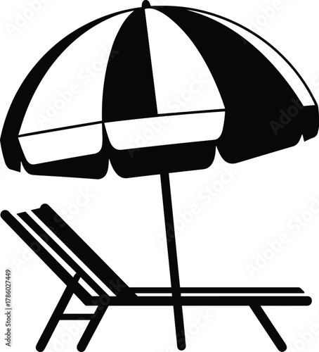Beach lounge chair silhouette, umbrella vector illustration, summer vacation design, leisure relaxation concept, black and white art, outdoor holiday scene, tropical lifestyle