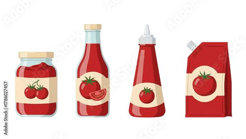 Tomato Ketchup and Sauce Flat Vector Set: Bottles, Jar, and Pouch Illustrations for Food Packaging and Ingredients