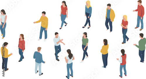 Isometric illustration of diverse people standing, walking, and talking in casual outfits, social interaction and communication concept on white background