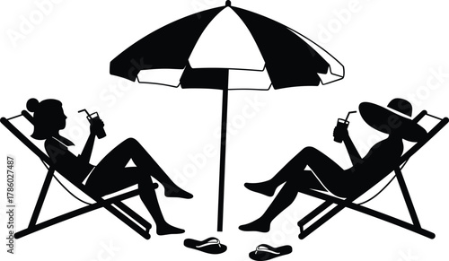 Beach relaxation silhouette vector illustration, two people sitting on chairs under umbrella, summer holiday leisure scene, coastal vacation concept, outdoor travel design