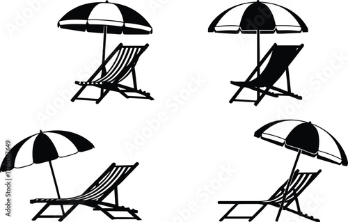 Beach umbrella and lounge chair silhouettes vector illustration showing summer vacation relaxation, tourism, leisure, holiday travel lifestyle, resort design inspiration content