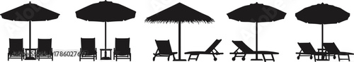 Beach umbrella and lounge chair silhouettes with tiki-style design variations vector illustration for summer vacation, tourism, leisure, holiday travel lifestyle inspiration content