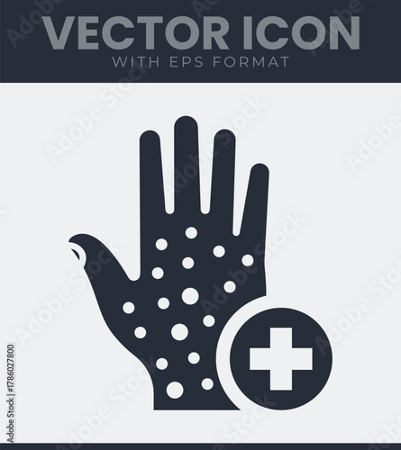 Dermatology treatment and care icon featuring a hand with skin spots and a medical cross symbol for health