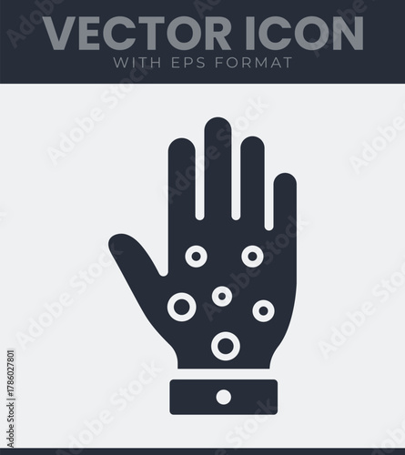 Human hand with skin condition icon showing rash, allergy, dermatitis or disease symptoms on the skin surface
