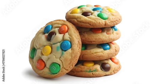 Stack of freshly baked m&m candy cookies and single cookie.