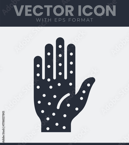 Iconic representation of a human hand with multiple dots, symbolizing skin irritation, rash, or tactile sensation concept