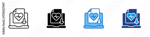 Medical Report Download Multiple Style Icon Design Vector - laptop screen with a heart and arrow representing digital health records and medical reports