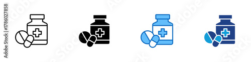 Medicine Multiple Style Icon Design Vector - bottle with pills symbolizing healthcare, medication, and pharmaceutical treatment