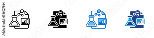 Scientific Journal Multiple Style Icon Design Vector - chemistry flask with a document and molecular diagram representing published scientific studies