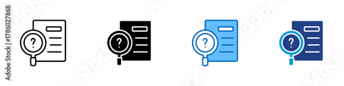 Case Study Multiple Style Icon Design Vector - document with a magnifying glass and question mark representing investigation, research, and analysis
